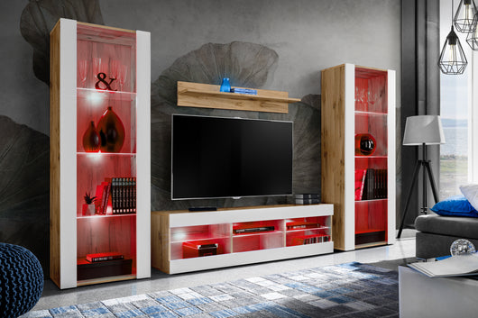 Set di mobili porta TV Tivoli Grande, Komodee, Wotan Bianco, LED RGB, Larghezza 250 cm x Altezza 159 cm x Profondità 35 cm, Per soggiorno, Camera da letto