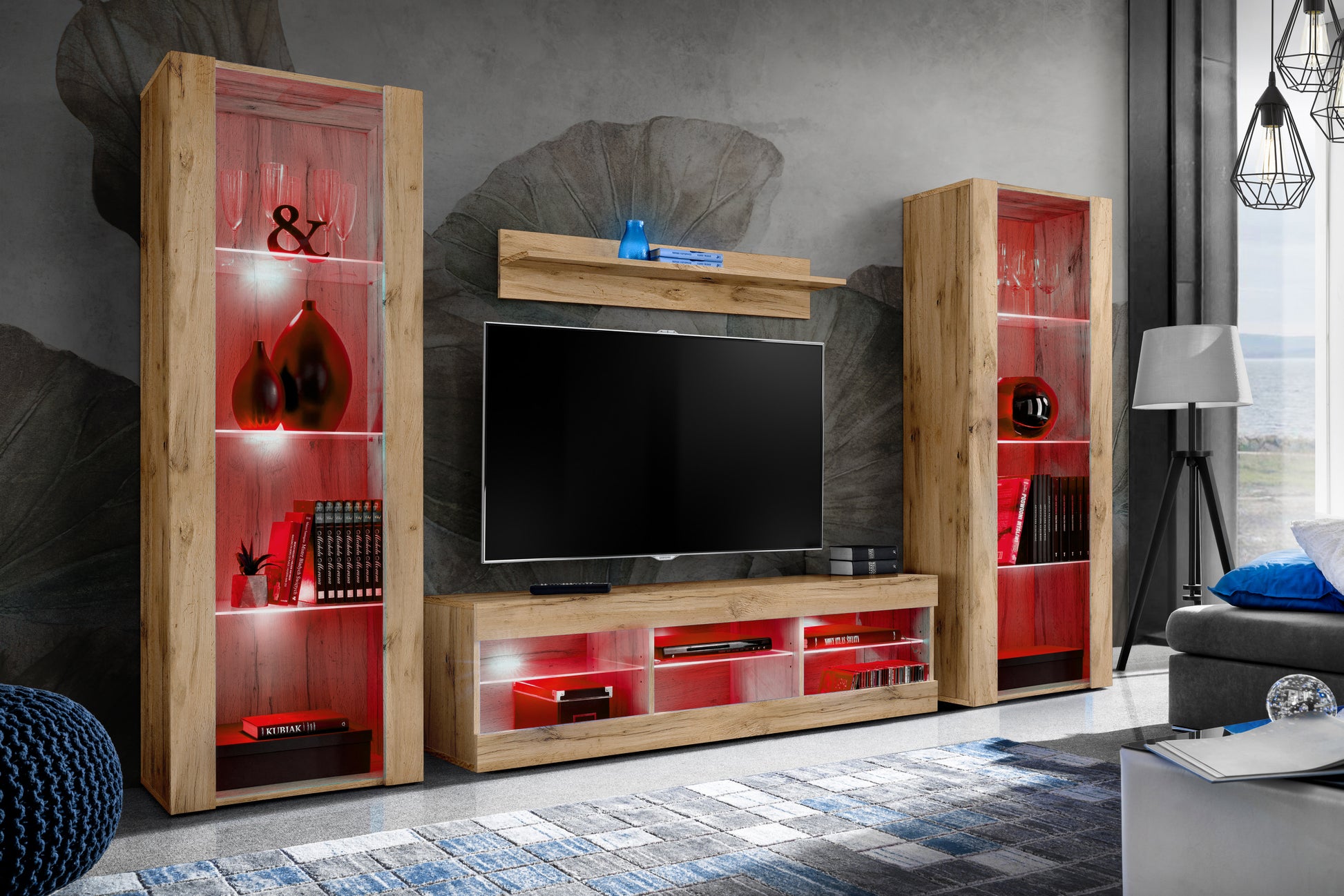 Set di mobili porta TV Tivoli Grande, Komodee, Wotan, LED RGB, Larghezza 250 cm x Altezza 159 cm x Profondità 35 cm, Per soggiorno, Camera da letto