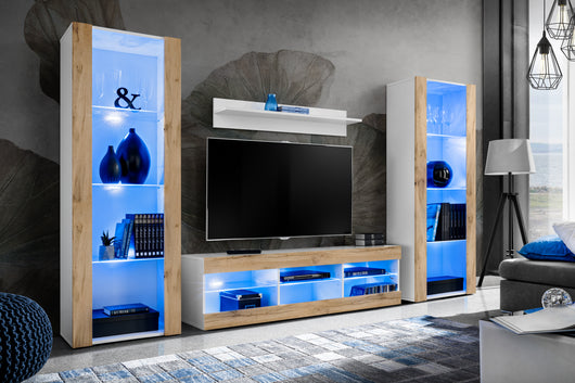 Set di mobili porta TV Tivoli Grande, Komodee, Bianco Wotan, LED Blu, Larghezza 250 cm x Altezza 159 cm x Profondità 35 cm, Per soggiorno, Camera da letto