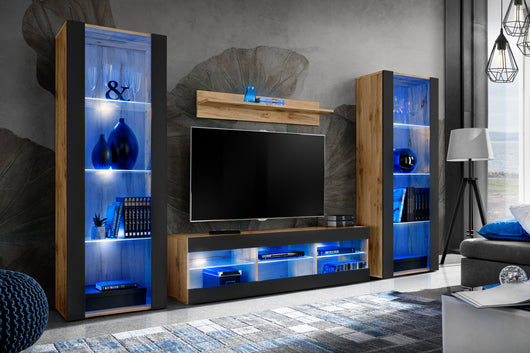 Set di mobili porta TV Tivoli Grande, Komodee, Wotan Nero, LED Blu, Larghezza 250 cm x Altezza 159 cm x Profondità 35 cm, Per soggiorno, Camera da letto