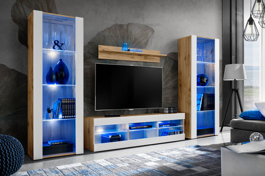 Set di mobili porta TV Tivoli Grande, Komodee, Wotan Bianco, LED Blu, Larghezza 250 cm x Altezza 159 cm x Profondità 35 cm, Per soggiorno, Camera da letto