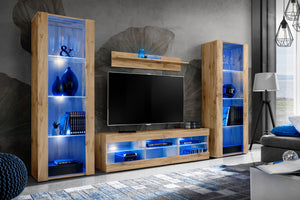 Set di mobili porta TV Tivoli Grande, Komodee, Wotan, LED Blu, Larghezza 250 cm x Altezza 159 cm x Profondità 35 cm, Per soggiorno, Camera da letto
