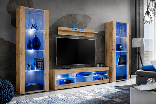 Set di mobili porta TV Tivoli Grande, Komodee, Wotan, LED Blu, Larghezza 250 cm x Altezza 159 cm x Profondità 35 cm, Per soggiorno, Camera da letto