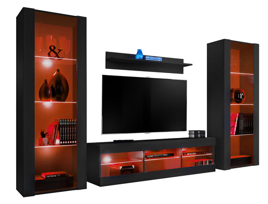 Set di mobili porta TV Tivoli Grande, Komodee, Nero, LED RGB, Larghezza 250 cm x Altezza 159 cm x Profondità 35 cm, Per soggiorno, Camera da letto