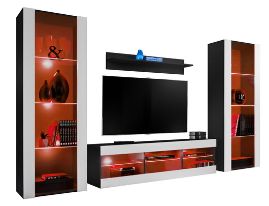 Set di mobili porta TV Tivoli Grande, Komodee, Nero Bianco, LED RGB, Larghezza 250 cm x Altezza 159 cm x Profondità 35 cm, Per soggiorno, Camera da letto