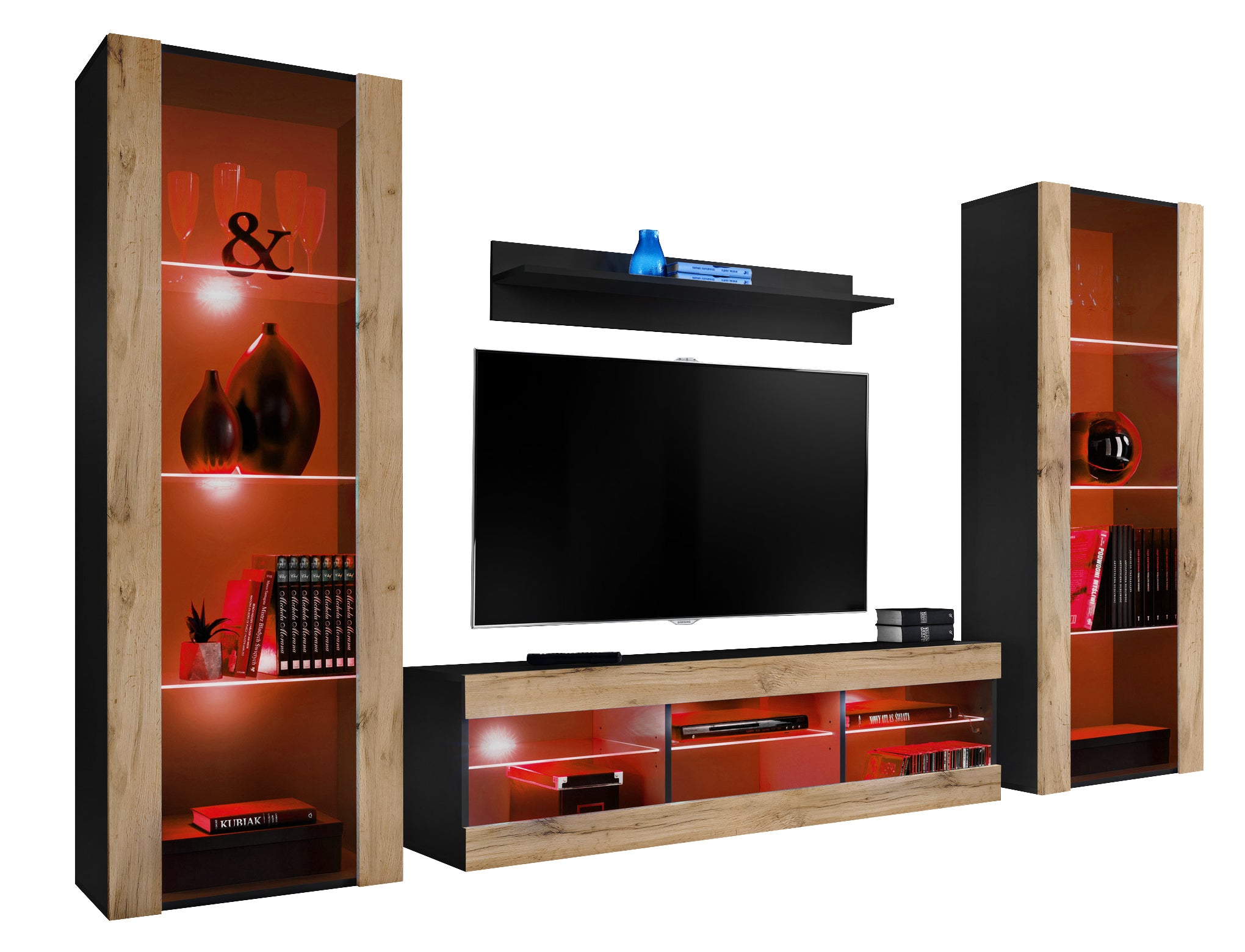 Set di mobili porta TV Tivoli Grande, Komodee, Nero Wotan, LED RGB, Larghezza 250 cm x Altezza 159 cm x Profondità 35 cm, Per soggiorno, Camera da letto