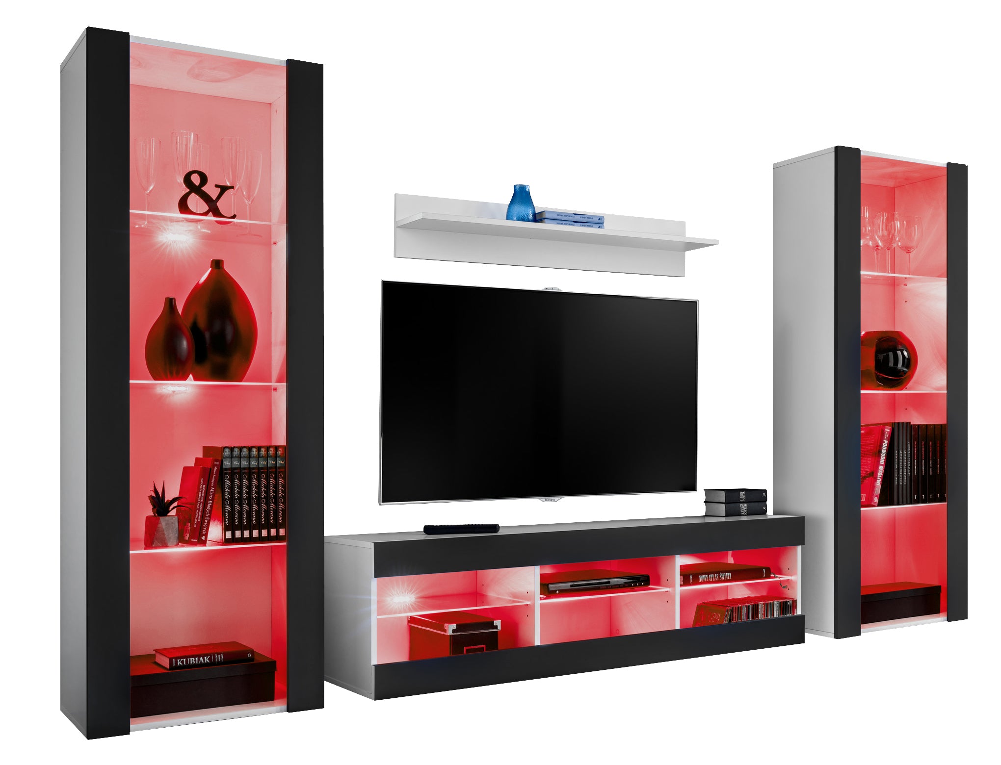 Set di mobili porta TV Tivoli Grande, Komodee, Bianco Nero, LED RGB, Larghezza 250 cm x Altezza 159 cm x Profondità 35 cm, Per soggiorno, Camera da letto