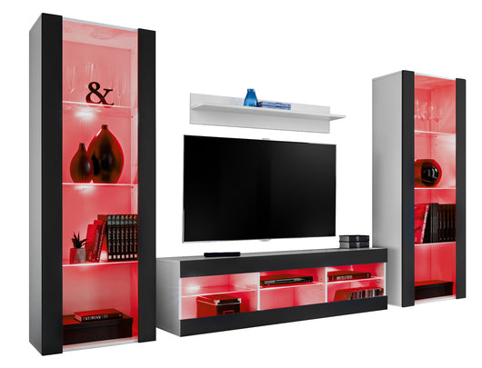 Set di mobili porta TV Tivoli Grande, Komodee, Bianco Nero, LED RGB, Larghezza 250 cm x Altezza 159 cm x Profondità 35 cm, Per soggiorno, Camera da letto