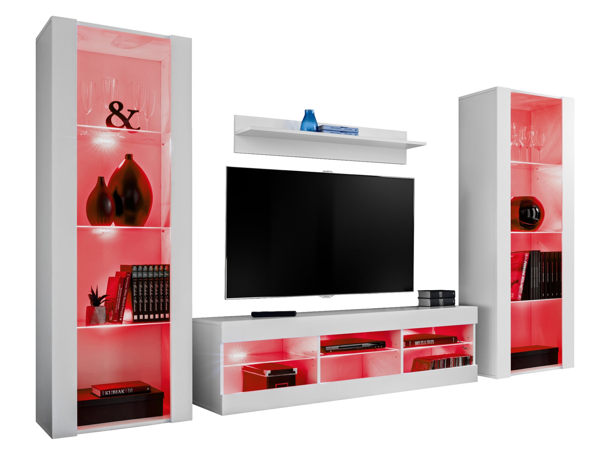 Set di mobili porta TV Tivoli Grande, Komodee, Bianco, LED RGB, Larghezza 250 cm x Altezza 159 cm x Profondità 35 cm, Per soggiorno, Camera da letto