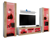 Set di mobili porta TV Tivoli Grande, Komodee, Bianco Wotan, LED RGB, Larghezza 250 cm x Altezza 159 cm x Profondità 35 cm, Per soggiorno, Camera da letto
