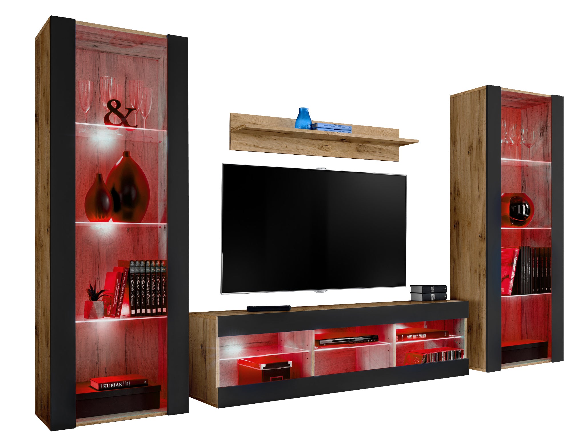 Set di mobili porta TV Tivoli Grande, Komodee, Wotan Nero, LED RGB, Larghezza 250 cm x Altezza 159 cm x Profondità 35 cm, Per soggiorno, Camera da letto