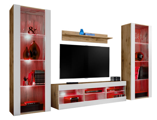 Set di mobili porta TV Tivoli Grande, Komodee, Wotan Bianco, LED RGB, Larghezza 250 cm x Altezza 159 cm x Profondità 35 cm, Per soggiorno, Camera da letto