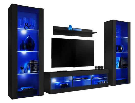 Set di mobili porta TV Tivoli Grande, Komodee, Nero, LED Blu, Larghezza 250 cm x Altezza 159 cm x Profondità 35 cm, Per soggiorno, Camera da letto