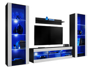Set di mobili porta TV Tivoli Grande, Komodee, Nero Bianco, LED Blu, Larghezza 250 cm x Altezza 159 cm x Profondità 35 cm, Per soggiorno, Camera da letto