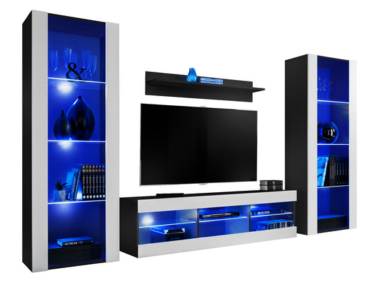 Set di mobili porta TV Tivoli Grande, Komodee, Nero Bianco, LED Blu, Larghezza 250 cm x Altezza 159 cm x Profondità 35 cm, Per soggiorno, Camera da letto