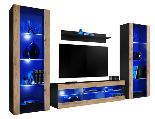 Set di mobili porta TV Tivoli Grande, Komodee, Nero Wotan, LED Blu, Larghezza 250 cm x Altezza 159 cm x Profondità 35 cm, Per soggiorno, Camera da letto