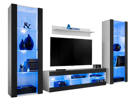 Set di mobili porta TV Tivoli Grande, Komodee, Bianco Nero, LED Blu, Larghezza 250 cm x Altezza 159 cm x Profondità 35 cm, Per soggiorno, Camera da letto