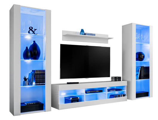 Set di mobili porta TV Tivoli Grande, Komodee, Bianco, LED Blu, Larghezza 250 cm x Altezza 159 cm x Profondità 35 cm, Per soggiorno, Camera da letto