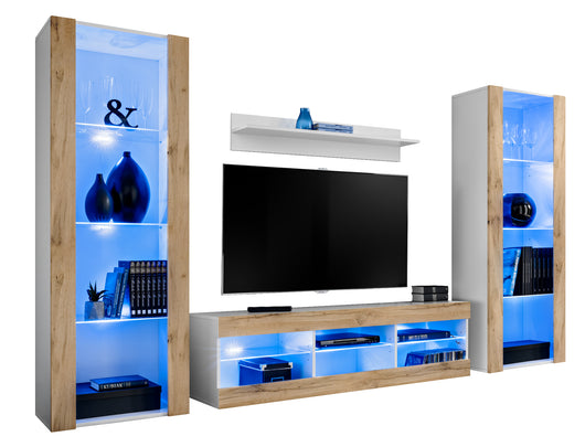 Set di mobili porta TV Tivoli Grande, Komodee, Bianco Wotan, LED Blu, Larghezza 250 cm x Altezza 159 cm x Profondità 35 cm, Per soggiorno, Camera da letto