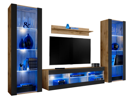 Set di mobili porta TV Tivoli Grande, Komodee, Wotan Nero, LED Blu, Larghezza 250 cm x Altezza 159 cm x Profondità 35 cm, Per soggiorno, Camera da letto