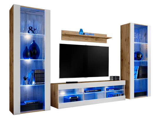 Set di mobili porta TV Tivoli Grande, Komodee, Wotan Bianco, LED Blu, Larghezza 250 cm x Altezza 159 cm x Profondità 35 cm, Per soggiorno, Camera da letto