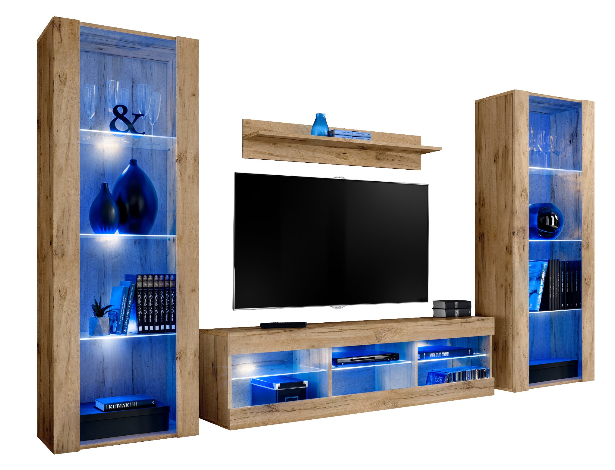 Set di mobili porta TV Tivoli Grande, Komodee, Wotan, LED Blu, Larghezza 250 cm x Altezza 159 cm x Profondità 35 cm, Per soggiorno, Camera da letto
