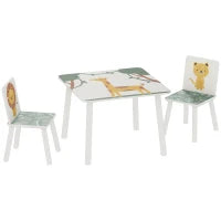 Set Arredo Cameretta con Tavolo e 2 Sedie per Bambini da 3-8 Anni con Fantasia con Animali, Verde