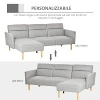 Divano Letto 3 Posti, Divano Angolare in Tessuto Grigio con Schienale Regolabile, Stile Scandinavo, 207x146x80cm