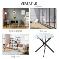 Tavolo Rotondo in Vetro e Gambe Incrociate in Metallo, Tavolino Moderno per Soggiorno e Studio, 80x80x75cm, Nero