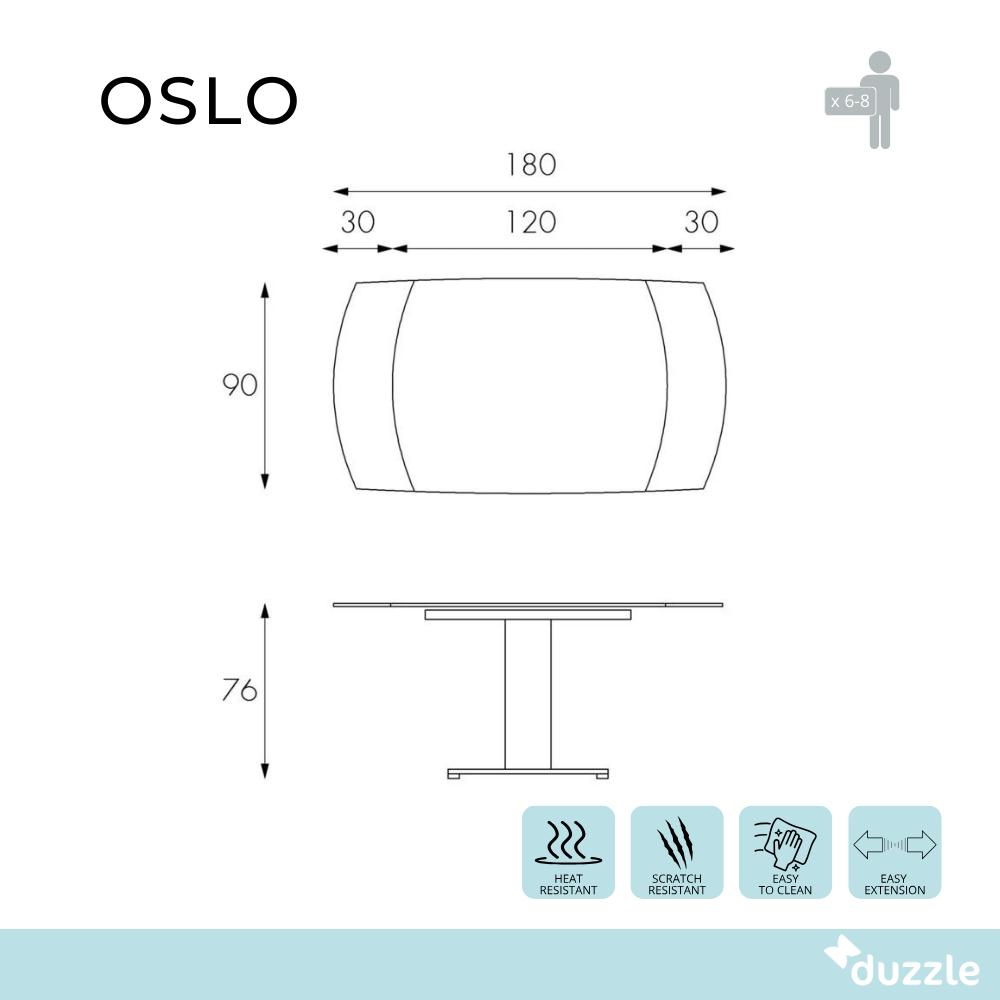 Tavolo da pranzo allungabile in vetro temperato grigio Oslo 120-180x90 cm fino a 8 posti | Duzzle