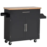 Carrello da Cucina Multiuso con Cassetto, Ruote, Portaspezie e Armadietto, Mobiletto Cucina con Ripiano Regolabile, Portasciugamani e Piano in Legno di Caucciù, 109x40x89 cm, Nero