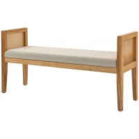 Panca Fondo Letto Boho con Seduta Imbottita e Braccioli in Legno e Rattan, 120x38x61.5cm, Crema