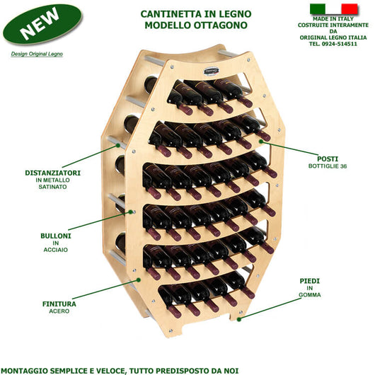 CANTINETTA IN LEGNO PORTA BOTTIGLIE VINO MODELLO OTTAGONO 36 BOTTIGLIE FINITURA ACERO L.75 x P,25 x H.120 100% FABBRICATO IN ITALIA
