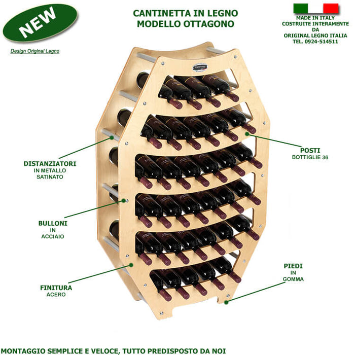 CANTINETTA IN LEGNO PORTA BOTTIGLIE VINO MODELLO OTTAGONO 36 BOTTIGLIE FINITURA ACERO L.75 x P,25 x H.120 100% FABBRICATO IN ITALIA