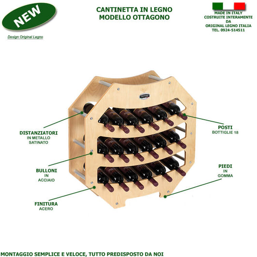 CANTINETTA IN LEGNO PORTA BOTTIGLIE VINO MODELLO OTTAGONO 18 BOTTIGLIE FINITURA ACERO L.75 x P.25 x H.75 100% FABBRICATO IN ITALIA