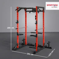 Stazione Fitness con Supporto per Bilanciere e Barra per Trazioni e Dip, in Acciaio, 191x153x205 cm, Rosso e Nero