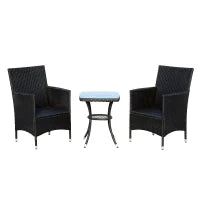 Set Mobili da Giardino in Rattan, Tavolo con 2 Poltroncine con Cuscini, Nero