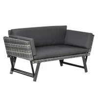 Divano da Giardino 2 Posti in Rattan con Imbottitura e Braccioli Ribaltabili, 129x63x67cm, Grigio