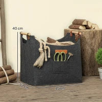 Borsa in Feltro Portalegna da Interno con Manici in Legno, Capacità 15 kg, 45x32x40 cm, Grigio