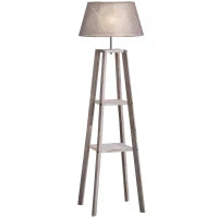 Lampada da Terra in Legno con 3 Ripiani e Paralume in Tessuto, 45x45x148cm, Grigio
