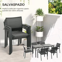 Set da Giardino con 6 Sedie Impilabili in Tessuto a Rete e Tavolo Effetto Legno, Grigio