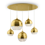 Lampadario Contemporaneo Fermi Metallo Oro 5 Luci Diffusori Vetro E Metallo