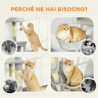 Albero Tiragraffi per Gatti con Scala, 2 Amache, 3 Posatoi, 2 Casette e 3 Piattaforme, 48x48x192 cm, Grigio e Crema