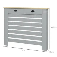Copritermosifone in MDF a Doghe, Copricalorifero a Griglia con 2 Cassetti, 111x19x95.5 cm, Grigio