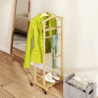 Servomuto 4 in 1 a Rotelle con 2 Aste, Vassoio Svuota Tasche e Ripiano per Scarpe, in Bambù, 47x33.7x105.5 cm