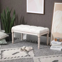 Panca Fondo Letto Imbottita con Rivestimento Effetto Lino e Gambe in Legno, 80x40x41cm, Beige
