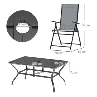 Set da Giardino 7 Pezzi con Tavolo da Pranzo con Foro per Ombrellone e 6 Sedie Pieghevoli, Grigio