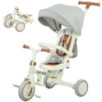 Triciclo per Bambini 5 in 1 con Maniglione di Spinta e Copertura Rimovibile, 96.5x49x101 cm, Bianco Crema
