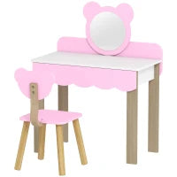 Set da Trucco con Sgabello per Bambine, Specchio da Trucco, Design Orsetto, Cassetto, MDF, Rosa