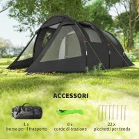 Tenda da Campeggio 3 Posti con 2 Stanze Interne con Finestre e Coperture, 475x264x172 cm, Nero